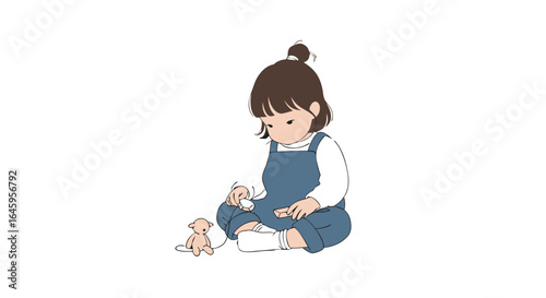 Sweet child enraptured playing with tiny teddy bear, fostering imagination and joyful childhood moments