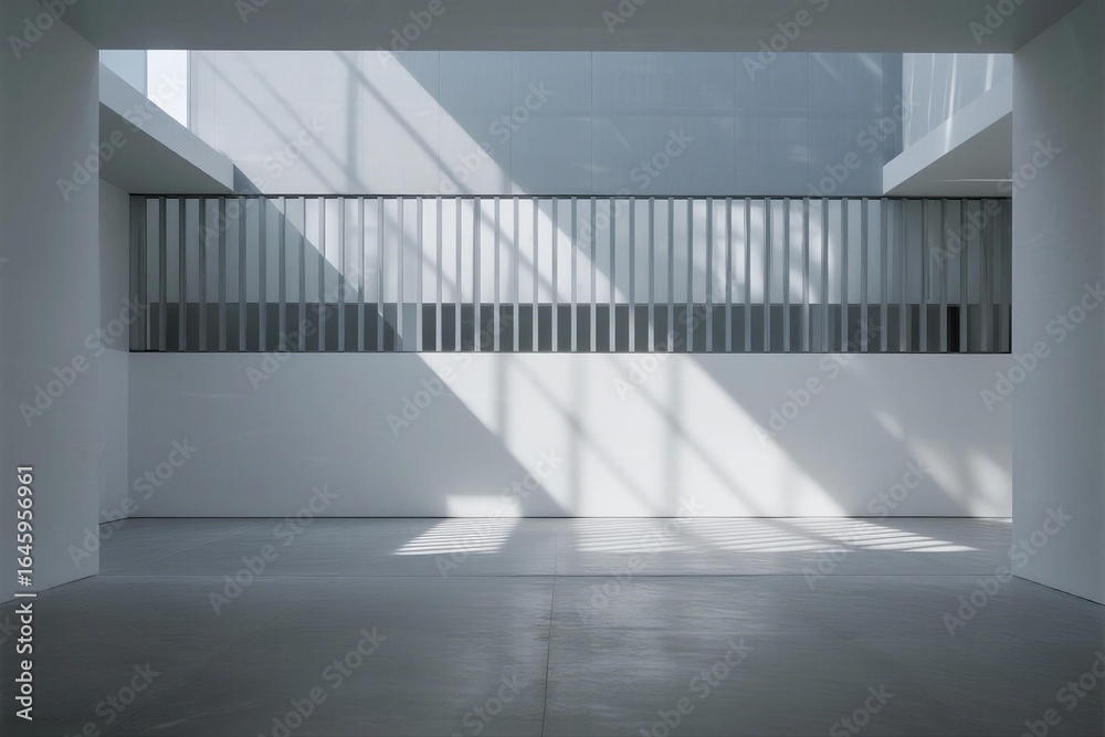 Fototapeta premium Interior space of modern white architecture with geometric light and shadow patterns from windows.