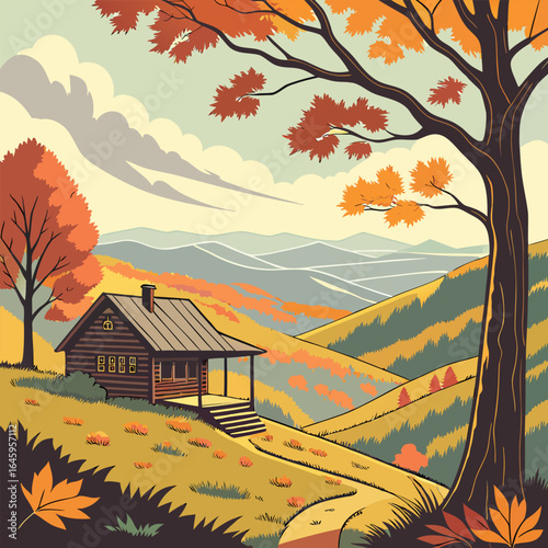 A rustic cabin nestled in an autumnal landscape with rolling hills and a large tree in the foreground