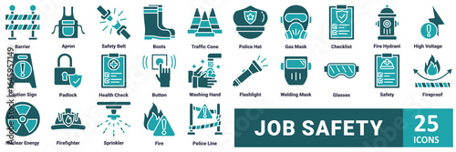 Job safety icon set. with icon barrier, apron, safety belt, boots, traffic cone, police hat, gas mask, checklist, fire hydrant, high voltage, caution sign, padlock, health check, button, washing hand 