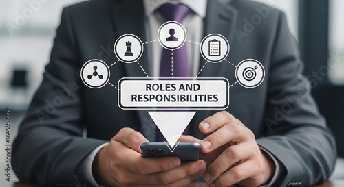 Professional businessman strategizing roles and responsibilities with modern flowchart on phone, visualizing success and workflow