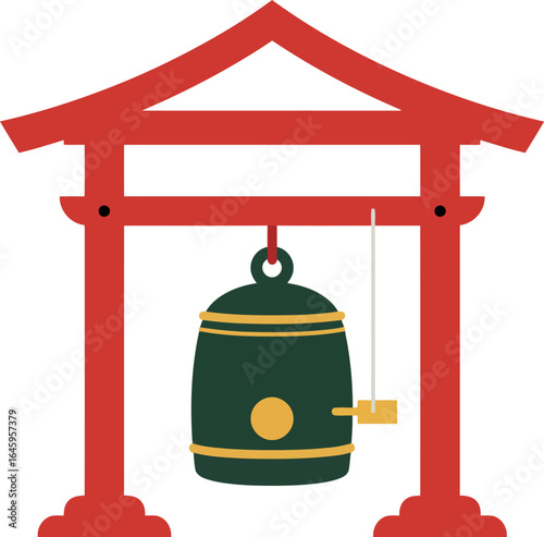 Japanese temple bell under red torii gate