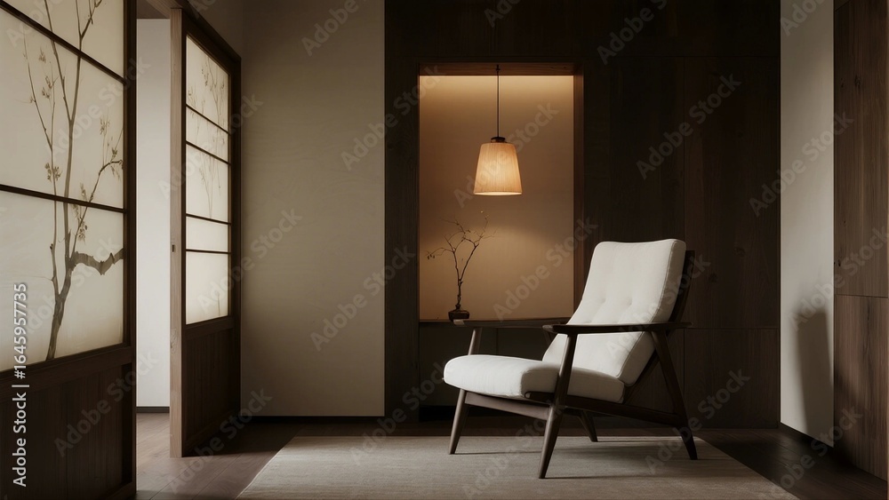 Fototapeta premium A minimalist room features a modern armchair, paper screen, and soft lighting, creating a serene and elegant atmosphere.