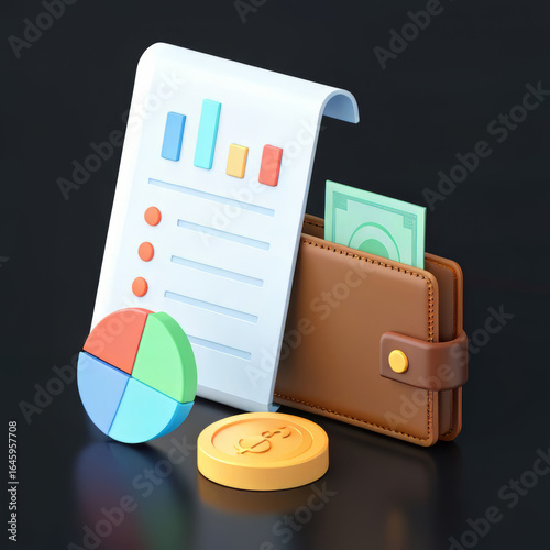 3d illustration of financial elements including a wallet with cash, a pie chart, coins, and a financial report, symbolizing business and investment