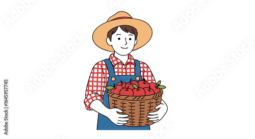 Joyful farmer proudly holds basket brimming with freshly picked ripe red apples