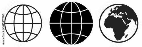 Black and White Globe Icons Set – Minimalist Earth Symbol in Outline, Solid, and Map Styles