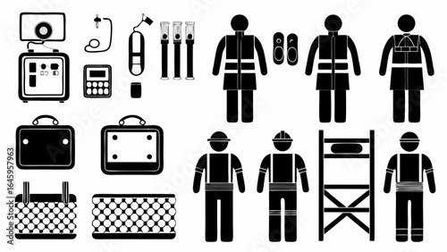 Illustration of emergency response equipment and personnel in black and white silhouette style design