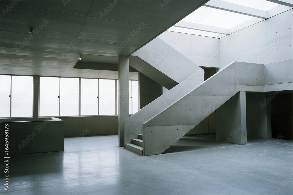 Obraz premium A concrete staircase with a skylight in a minimalist interior, featuring clean lines, open space, and natural light.