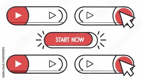 Hand Drawn Play Button Set with Mouse Cursor and Start Now Button for Website or App Design