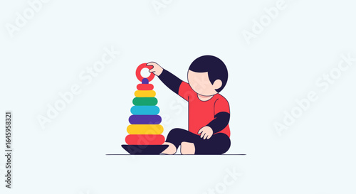 Joyful child stacking colorful rings developing fine motor skills and cognitive abilities in playful learning environment