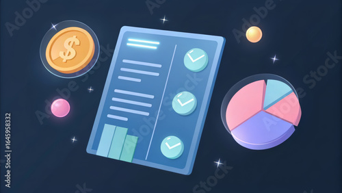 Abstract 3d visualization of financial elements including a glowing coin, a detailed report, and a colorful pie chart, symbolizing financial success and data analysis