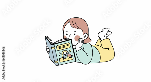 Charming child engrossed in reading a book, fostering imagination and learning in a relaxed pose