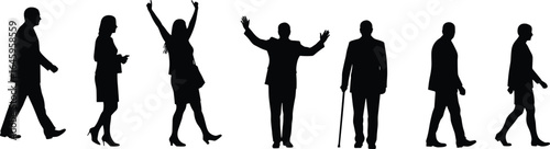 Silhouette of human stages, walking and standing poses, growth and change, from youth to elderly, life journey illustration