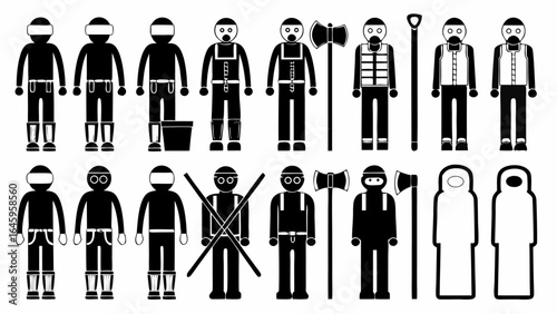 Illustration showing a collection of figures in various outfits and carrying tools in black and white silhouette