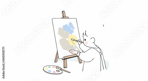 Whimsical artist diligently painting abstract masterpiece on easel with colorful palette and brushes.