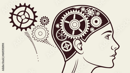 Illustration of a woman's head in profile filled with gears and cogs representing thought process