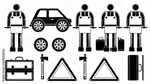Illustration of mechanics with car, tires, toolboxes, axes, and warning signs in black and white style silhouette
