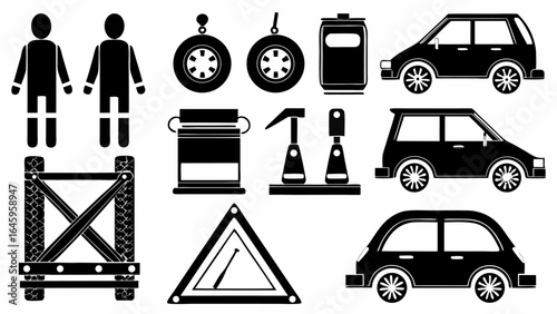Illustration showing two stick figures, cars, tires, tools, a crate, and a can in black and white style silhouette