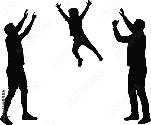 Father and child silhouette, playing and jumping together, bonding moment, fun family activity, love and connection, parenthood joy vector