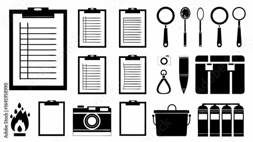 Illustration showing clipboards, magnifying glasses, fire, camera, and various other equipment items silhouette