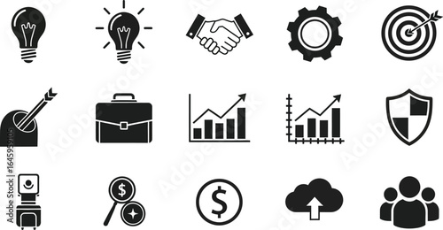 A collection of business and finance icons including graphs handshake and lightbulb on a white background