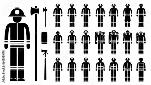 Illustration featuring a collection of firefighter icons and tools in a simple black design style silhouette
