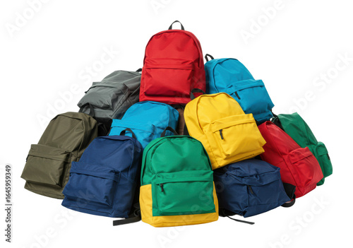 Colorful backpack pile display classroom setting product bright environment side educational concept. Cut out png