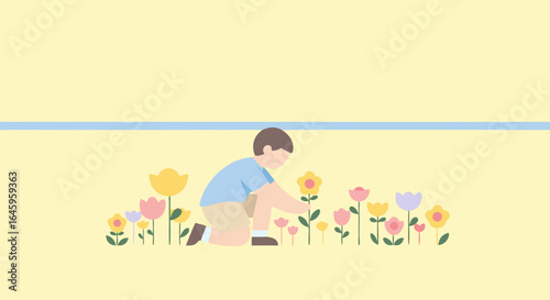 Joyful child tending to colorful spring flowers in a gentle outdoor setting