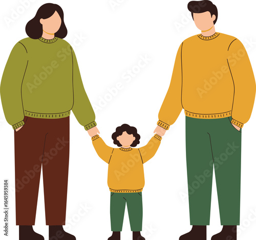 Happy family illustration, parents holding child hands, parenting love concept, cartoon style, flat design, parenthood happiness, parent child relationship vector