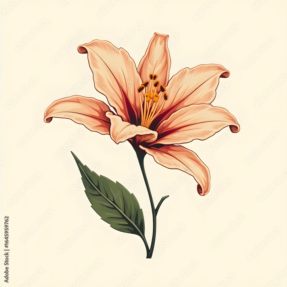 Obraz premium Beautiful Orange Lily Flower with Green Leaf on Beige Background