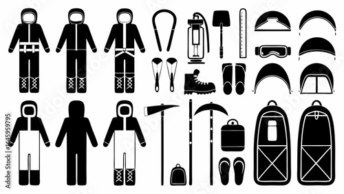 Illustration showing a set of mountaineering gear including clothing tools and camping equipment in black and white silhouette