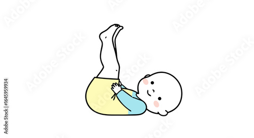 Playful baby joyfully kicking legs up in the air, happy childhood, adorable illustration