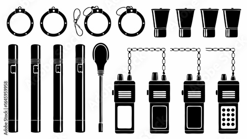 Illustration showing handcuffs, batons, a flashlight, and walkie talkies in black and white silhouette