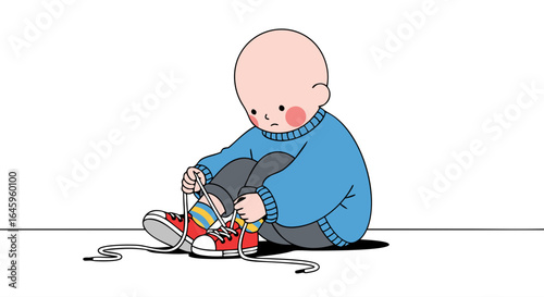 Cute child tying shoelaces in a playful, vibrant cartoon style, ready for adventure