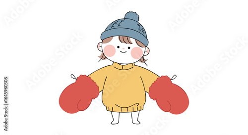 Adorable child bundled up in warm winter hat and mittens ready for winter fun activities