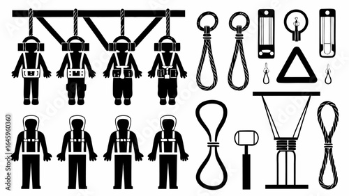 Illustrative depiction of various safety equipment and rigging apparatus in black and white style silhouette