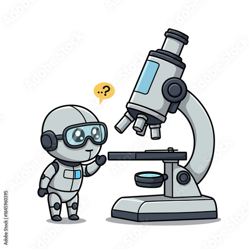 A cute cartoon robot scientist wearing goggles looks at a microscope with curiosity.
