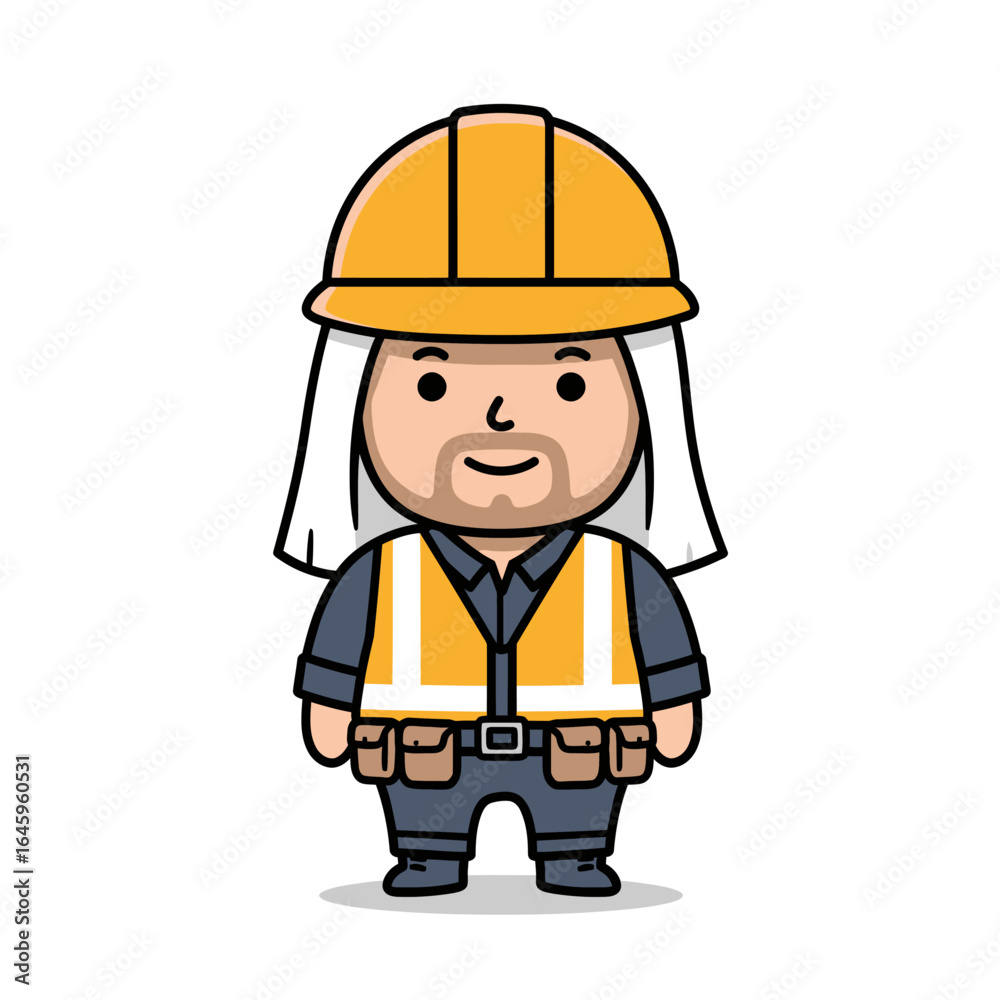 A friendly cartoon construction worker with long white hair, a hard hat, and a tool belt. A friendly cartoon construction worker with long white hair, a hard hat, and a tool belt.