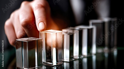 Hand placing clear cube business growth metaphor
