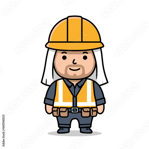 A friendly cartoon construction worker with long white hair, a hard hat, and a tool belt.