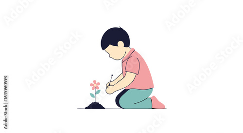 Young child carefully planting flower, symbolizing growth, nature, and environmental care in spring