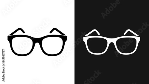 Black and white minimalist eyeglasses icon illustration, symbolizing vision and style.