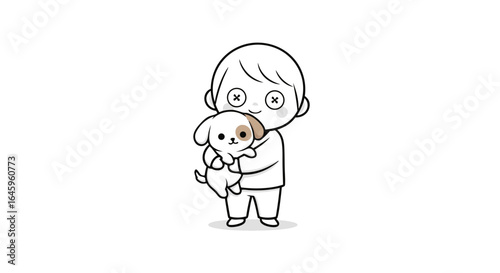 Adorable child lovingly embraces puppy, embodying friendship, joy, and heartwarming connection