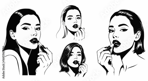 Elegant women applying vibrant dark lipstick in black and white beauty illustrations