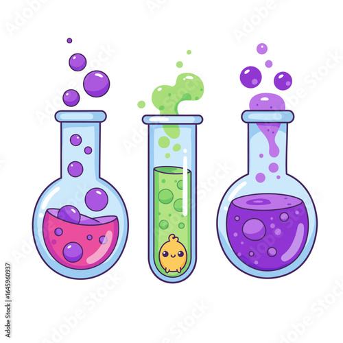 Three cartoon laboratory flasks and test tubes filled with colorful bubbling liquids, one containing a cute yellow creature.