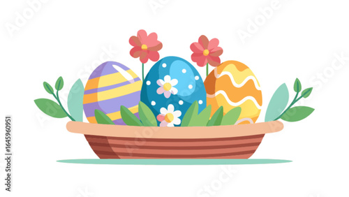 Three decorated easter eggs in a basket with flowers and leaves for a festive spring holiday season