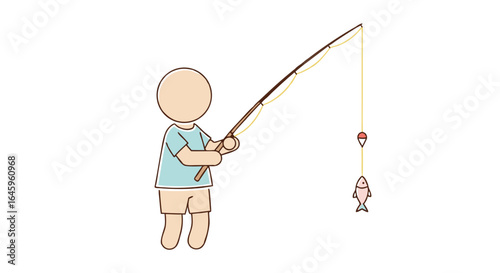 Cartoon fisherman enjoying hobby, reeling in fish with fishing rod, recreational pursuit