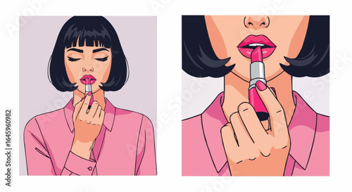 Beautiful woman applying lipstick