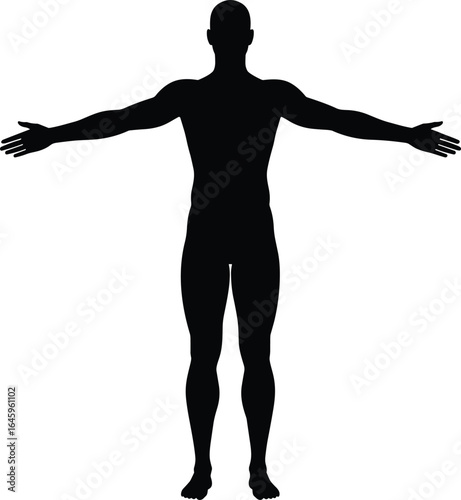 Silhouette of human figure with arms wide open, body posture, standing, human anatomy, isolated on white background, full body image