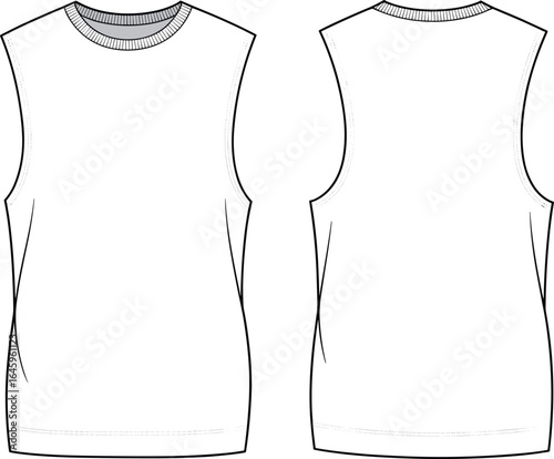 Men’s sleeveless t-shirt vector template, fashion flat sketch, front and back views, casual muscle fit, round neck design, CAD drawing